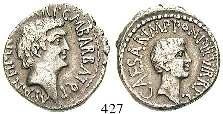 In dieser Periode war der Vater des späteren Kaisers Trajan Kommandant der Legion. 430 Denar 12 v.chr., Rom. 3,81 g. Münzmeister: L. Caninius Gallus; Kopf r.