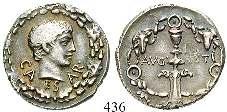 berühmtem Onkel. 436 Caius Caesar, Enkel des Augustus, gest. 4 n.chr. Denar 17 v.chr., unbest. Mzst. 3,79 g. Kopf r. im Eichenkranz CAESAR / AVGVST Kandelaber mit Widderköpfen im Blütenkranz. RIC 540.