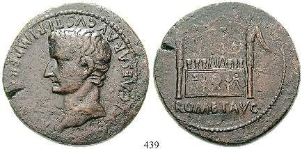 leichte Prägeschwäche, vz+/vz 2.200,- In dieser vorzüglichen Erhaltung ist der berühmte Bibelpfennig des Tiberius äußerst selten im Handel zu finden. 441 Cu-As 21-22 n.chr., Rom. 10,38 g. Kopf l.