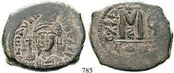 ss+ 60,- 785 Mauricius Tiberius, 582-602 Bro-Follis 29 mm 586-587, Jahr 5, Constantinopel. 11,70 g.