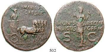 502 Me-Dupondius 37-41 n.chr., Rom. 15,45 g. Germanicus steht mit Adlerzepter in Quadriga r.