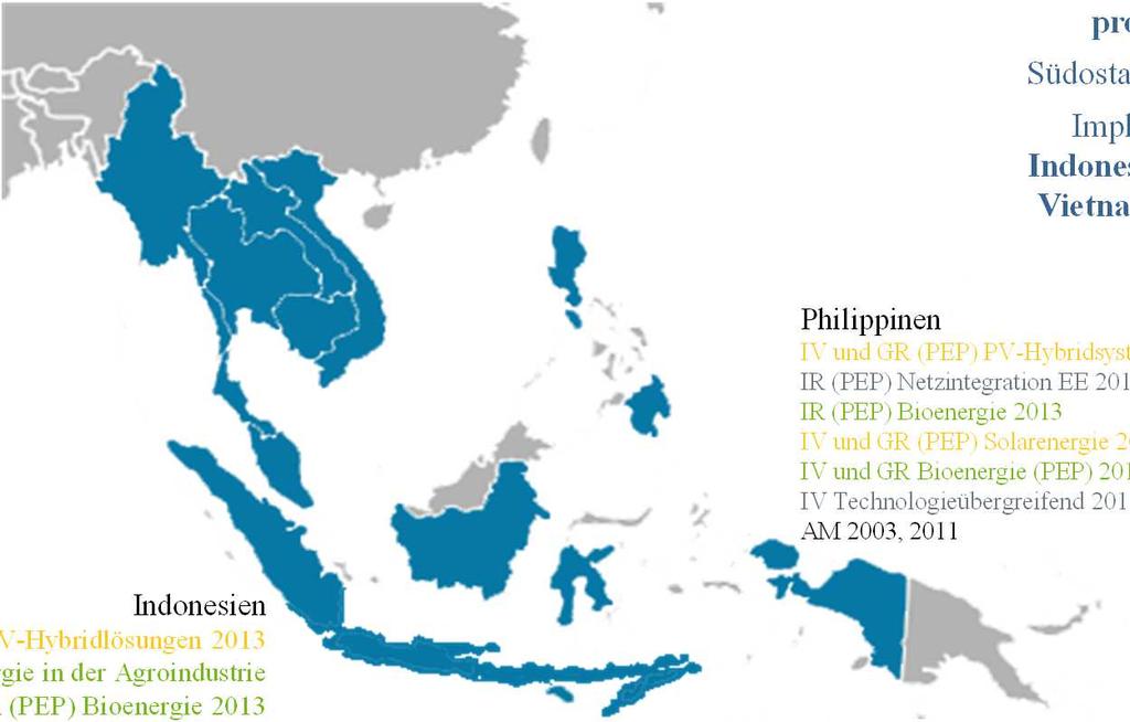 Aktivitäten in Südostasien 2003-2013 Vietnam IV und GR (PEP) Bioenergie 2013 IV und GR (PEP) Windenergie 2011-12 Dena-Solardach 2010 AM 2010, 2012 Thailand IV und GR (PEP) Solarthermie (