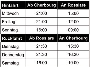 21:00 15:00 Uhr Cherbourg Rosslare 21:30 15:30 Uhr Rosslare Cherbourg Preisbeispiel für Hin-und Rückfahrt in der Hochsaison: PKW + 2 Personen: 658,- Euro (ohne Kabine) PKW + 5 Personen: 838,- Euro