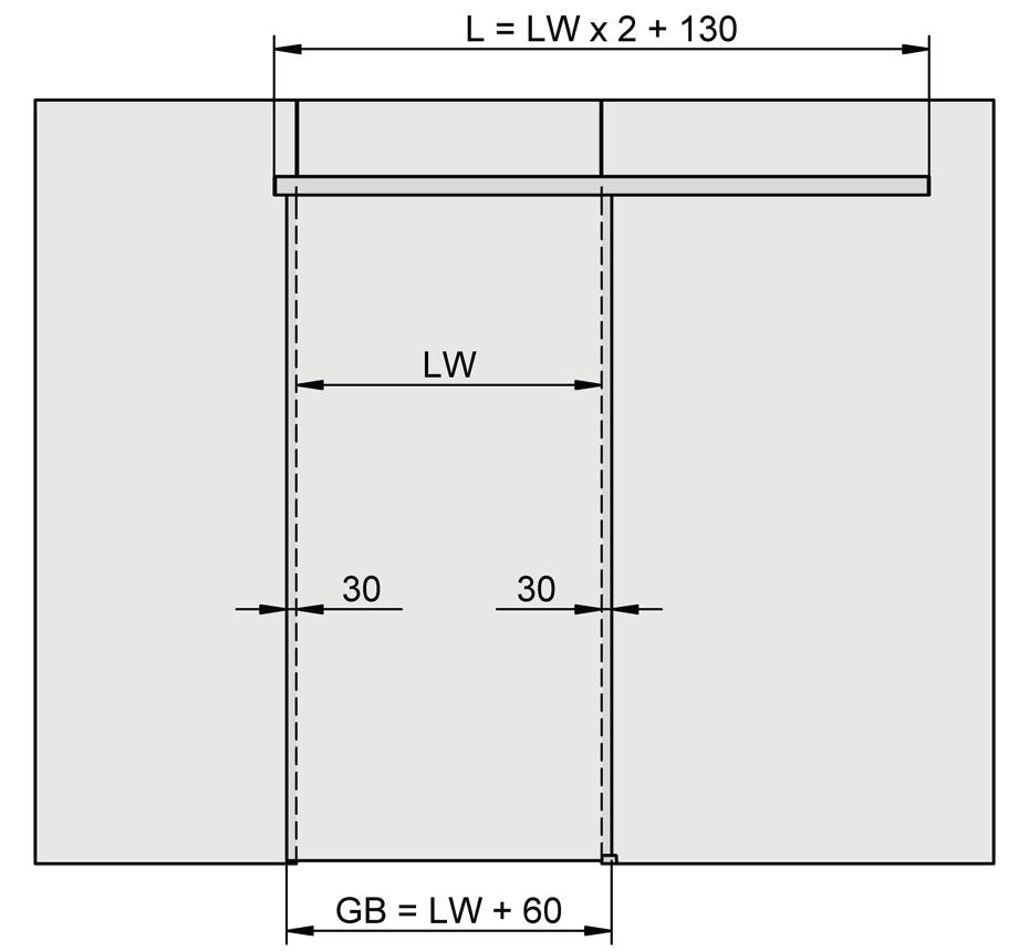 HELM GT-L 50 Oberlichtmontage einflüglig / HELM GT-L 50 Glass wall installation single-leaf Einbau / Einbau Glasbreite (GB)/ Glass width (GB) GB = LW + 60 mm Legende: GB = Glasbreite Schiebetür AB =
