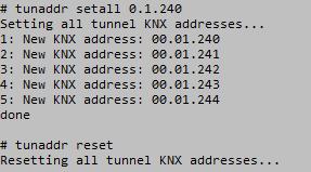 Telegramme, die nicht auf den KNX-Bus geschickt werden konnten TX tunnel re-req: Anzahl der Telegramme, die in den Tunnelverbindungen wiederholt werden mussten tpconfig KNX-Parameter werden angezeigt