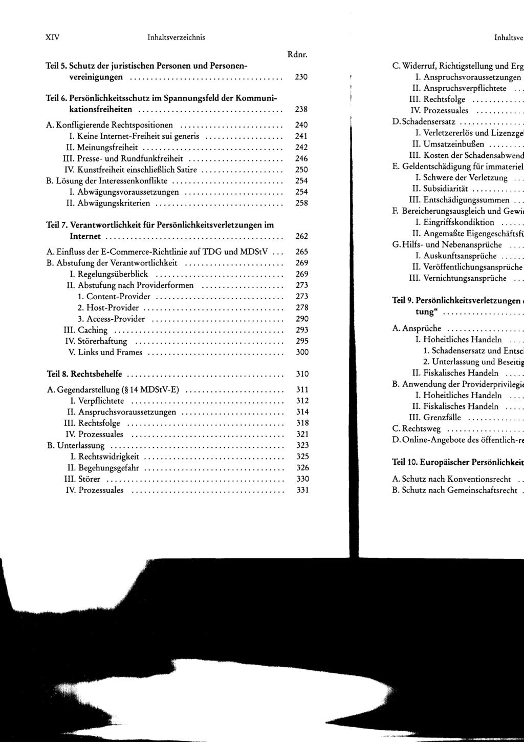 XIv Inhaltsverzeichnis Teil 5. Schutz der juristischen Personen und Personenvereinigungen 230 Teil 6. Persönlichkeitsschutz im Spannungsfeld der Kommunikationsfreiheiten. A.