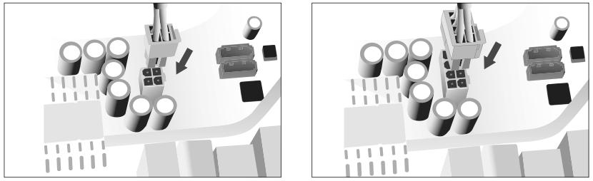 2. Schließen Sie den 24-pin Hauptstromstecker an das Mainboard an. Wenn das Mainboard über einen 20-pin Anschluss verfügt, nehmen Sie den 4-pin Aufsatz vom 24-pin Stecker ab.