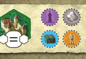 Abb.). Jeder Spieler besitzt nun also bereits entweder einen Mönch (lila) oder ein Silber (grau) oder eine Ware (blau) oder einen Arbeiter (orange).