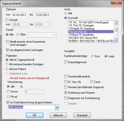 Tätigen Sie die Einstellungen, wie auf dem Dialog zu sehen. Den Zeitraum können Sie frei wählen, ebenfalls den Arzt, für den Sie die Abrechnungshistorie erstellen möchten.