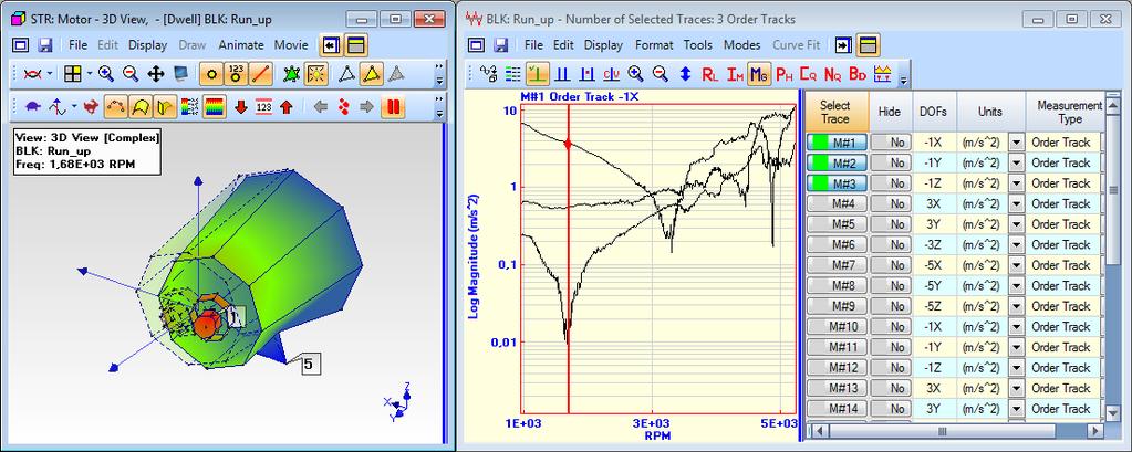 Abbildung 6: 3D-Animation und Anzeige der Datensätze in ME scopeves Zur Analyse des Schwingverhaltens des Motors können nun mit dem Cursor die verschiedenen Drehzahlen im Diagramm angefahren werden.