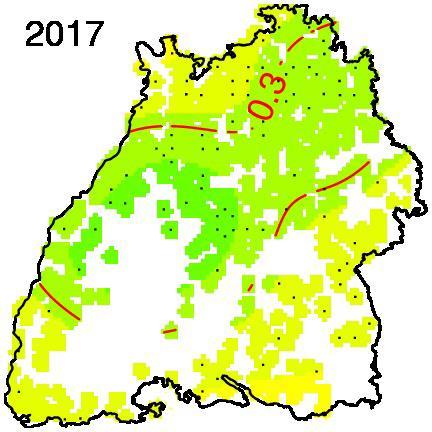 Die Eiche zeigt in Baden- Württemberg im Jahr 2017 höhere Blattverluste vor allem im Alpenvorland, der Ostalb, im Odenwald und