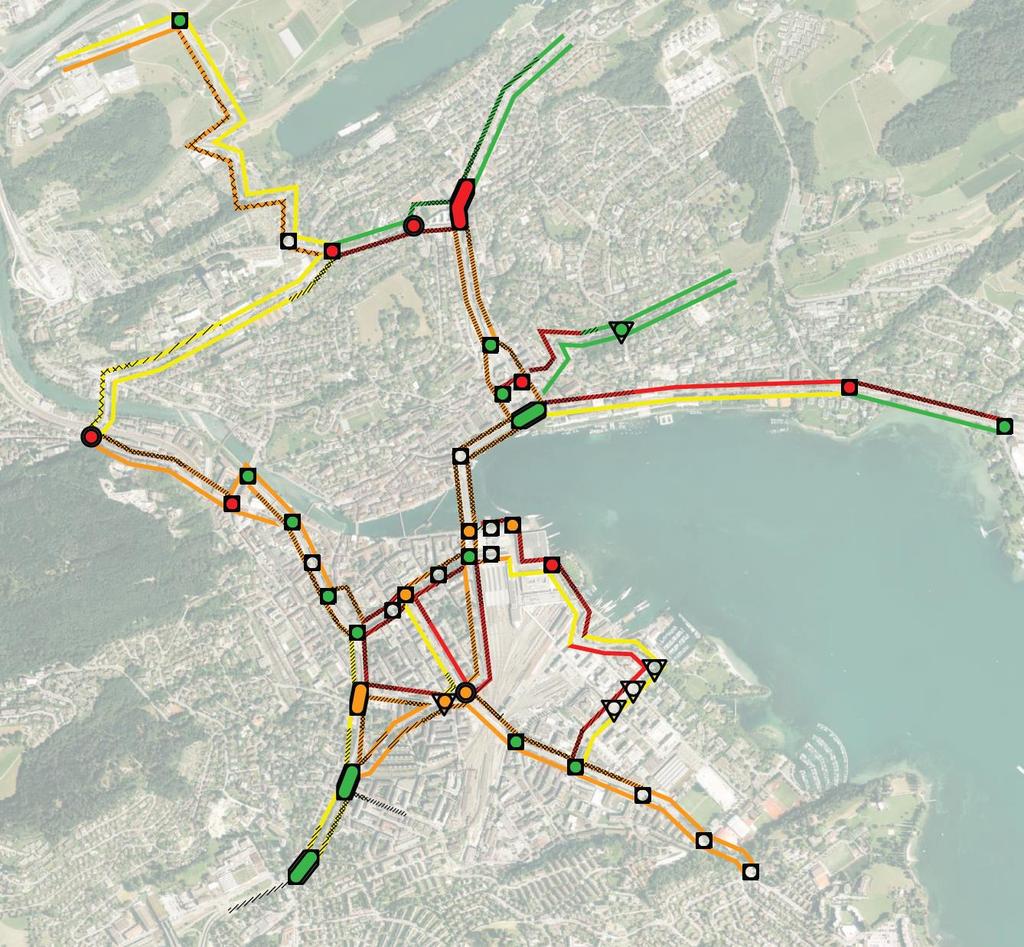 Gesamtverkehrskonzept Agglomerationszentrum Luzern (GVK) 13 Veloverkehr: Fussverkehr: Verkehrssicherheit: Umwelt: Diverse im Richtplan Zweiradverkehr vorgesehene sind noch nicht umgesetzt.