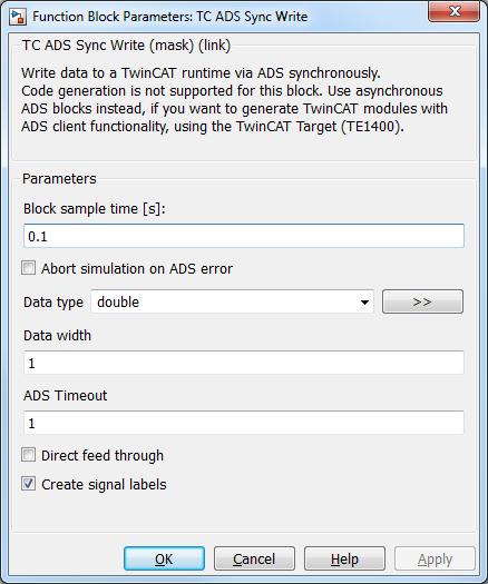 Block-Parameter Block sample time Abort simulation on ADS error Data type Data width ADS Timeout Direkt feed through Create signal labels Die Abtastzeit des Simulink-Blocks Simulation bei dem ersten