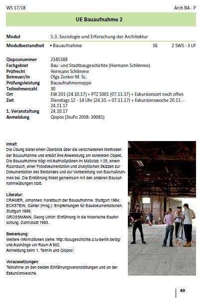 Bauaufnahme Wintersemester 2017/18 Modul: 5.3 Soziologie und Erforschung der Architektur Arch B P 5.