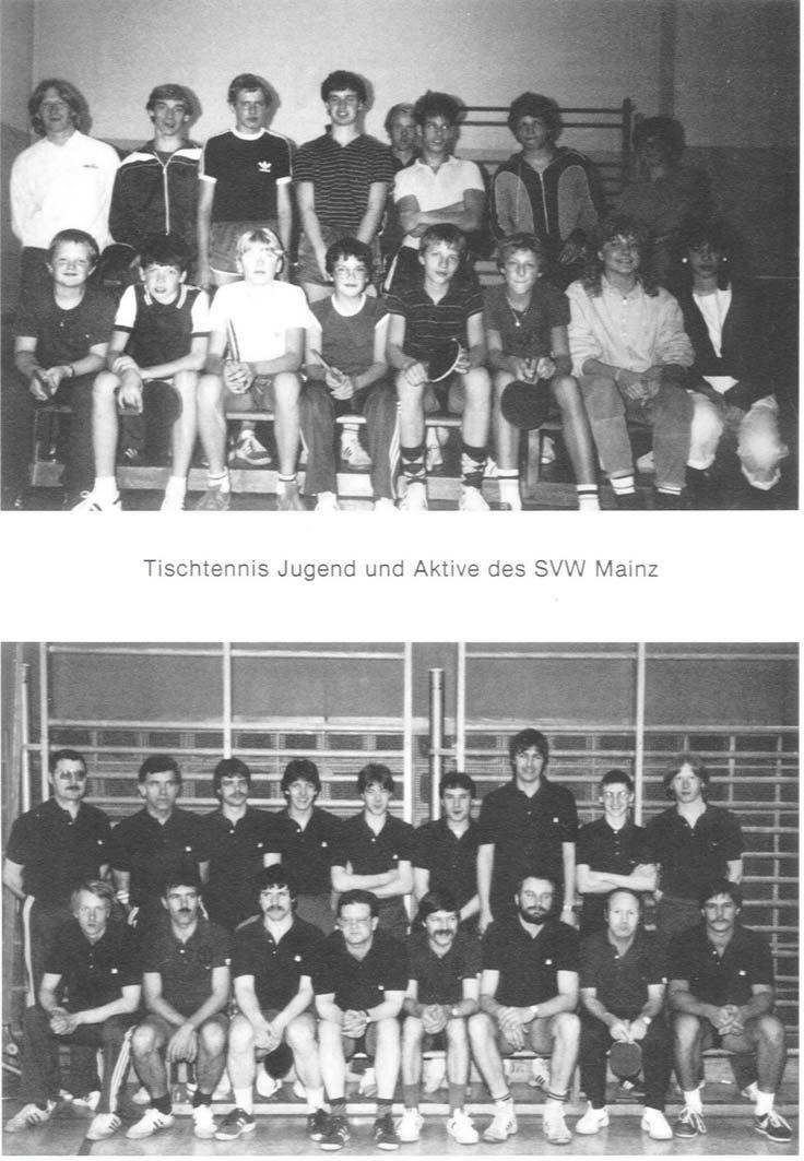 Die Tischtennisspieler der SVW Mainz 1984/85 Oberes Bild = Jugend Von links hinten: Klaus Delnef, Christoph Keil, Reppahn, Altmann, Horst Stahmer, Roman Jakobi, Gregor Cera, Stefan Anderhub.