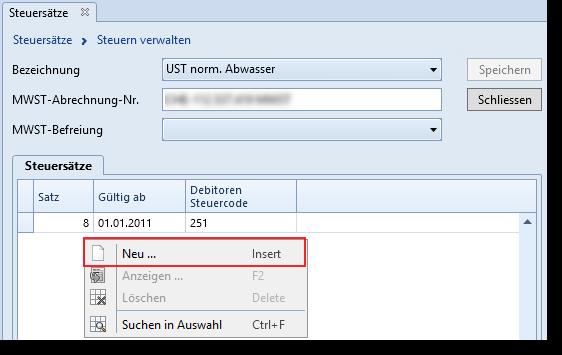 Im Fenster Steuern verwalten im Register Steuersätze sind die bisher