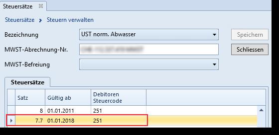 01.2018) Satz: Neuer MWST-Satz, welcher abgerechnet werden soll (vorher 8% /