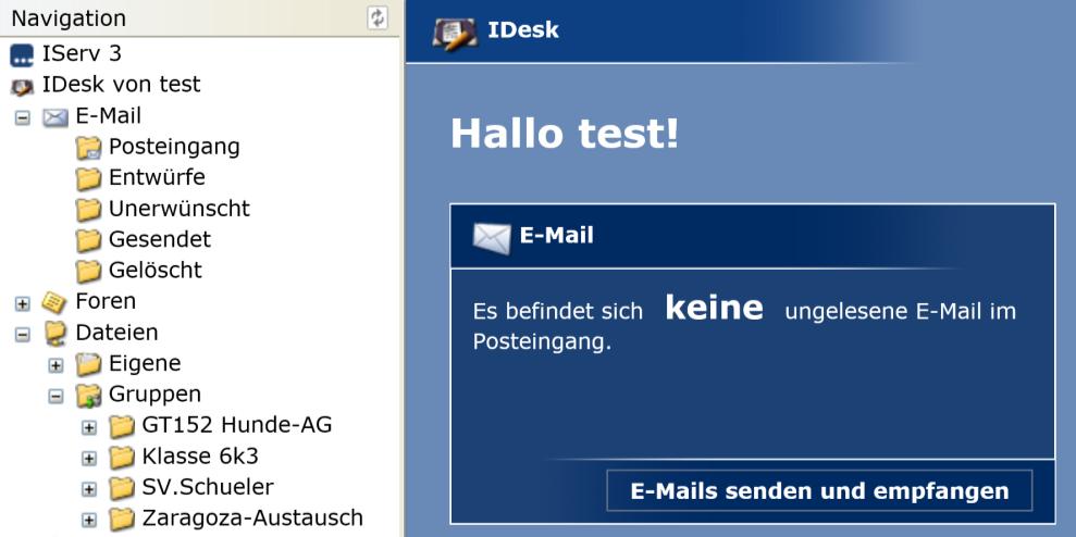 IServ verwenden: Nach dem Einloggen zeigt eine Menüleiste mehrere Optionen die man durchführen kann: Klickt man auf den Ordner E-Mail, kann man sich seinen Posteingang