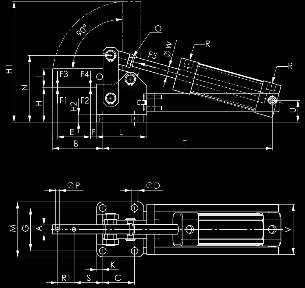 Schwerer Pneumatikspanner 6825C Schwerer Pneumatikspanner mit horizontalem Zylinderanbau. Vergütungsstahl brüniert.