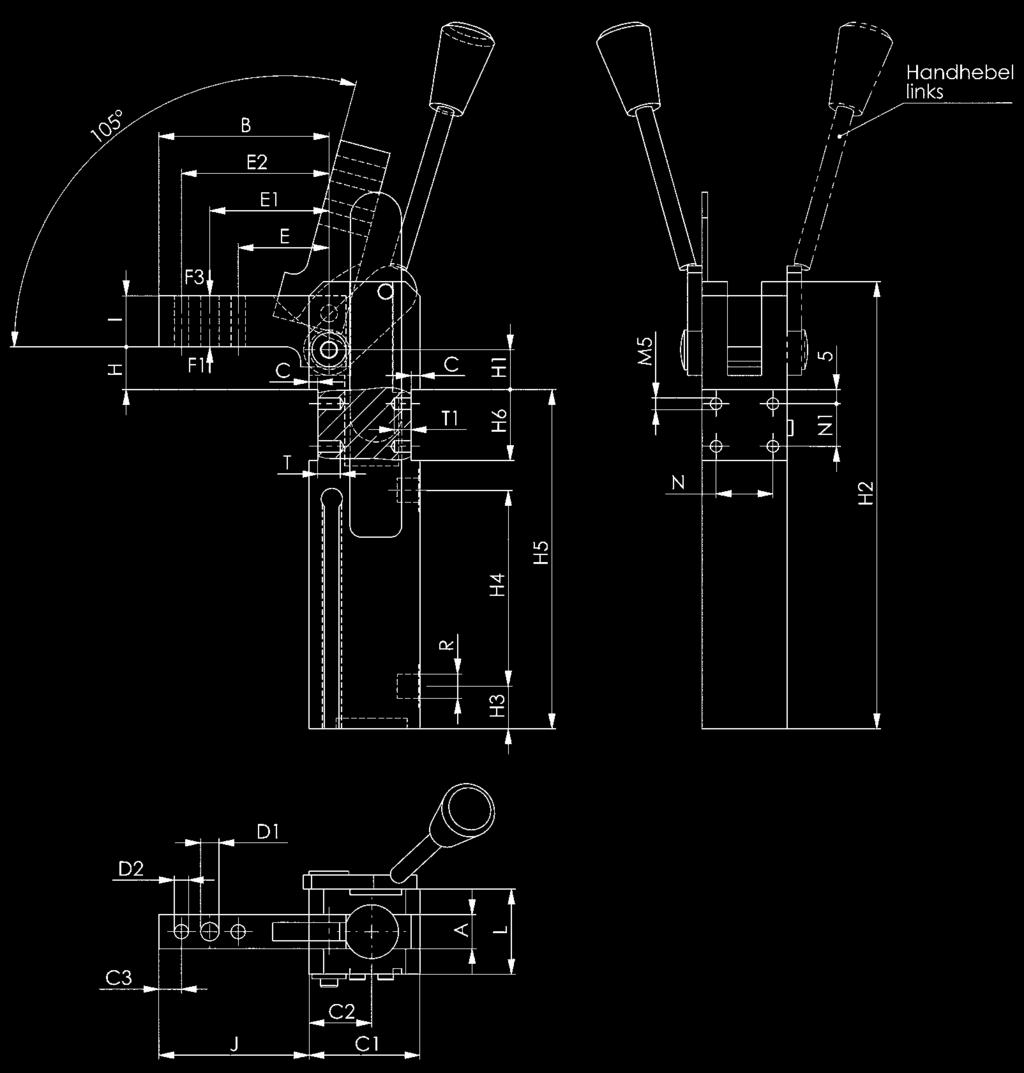 Pneumatikspanner mit Handhebel 6828H Pneumatikspanner mit Handhebel doppelt wirkend und mit zusätzlichem Handhebel für manuelles Öffnen und/oder Schließen. Max. Betriebsdruck 6 bar.