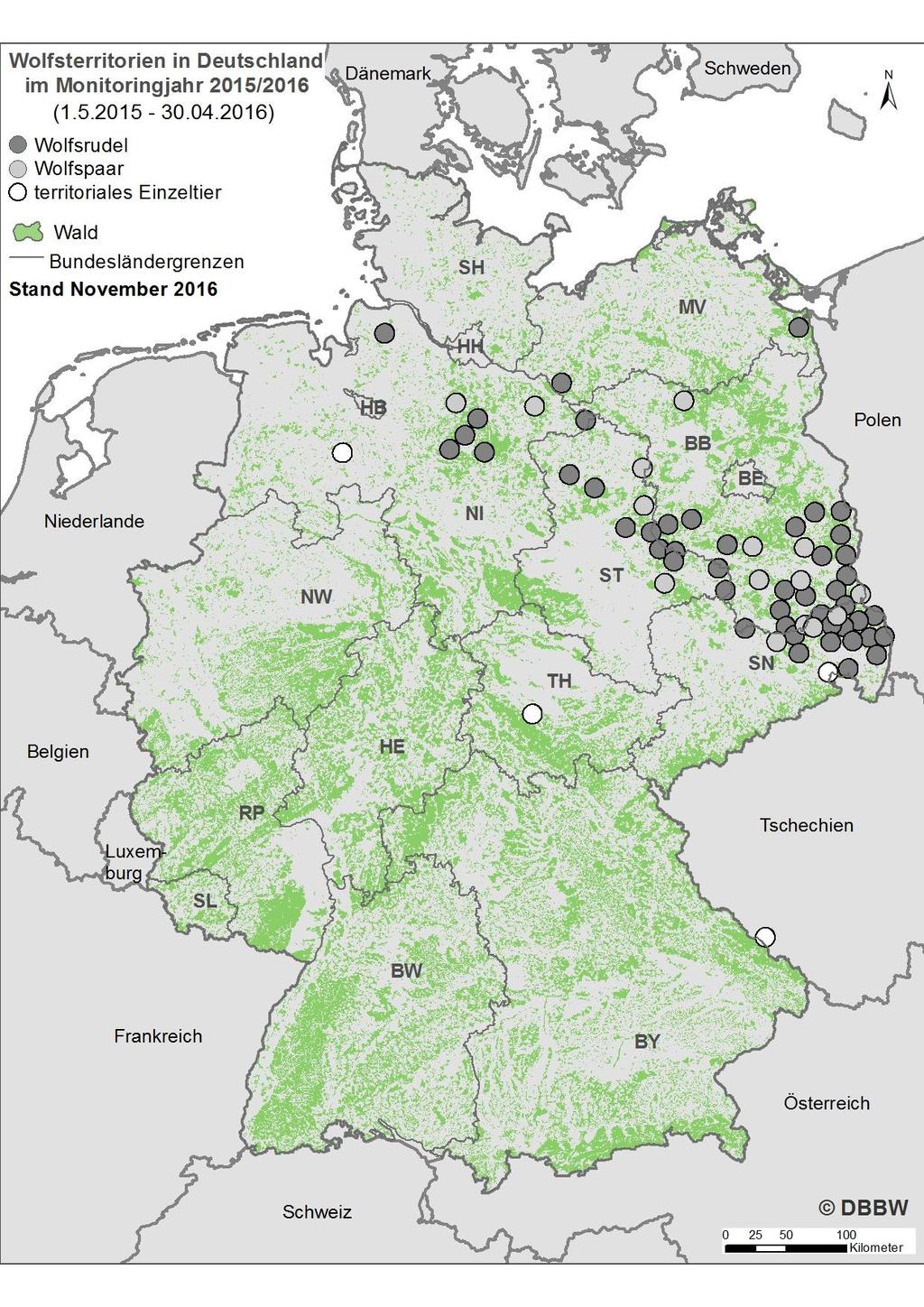 Abb. 1: Bestätigte Wolfsterritorien in Deutschland im Monitoringjahr 2015/2016.
