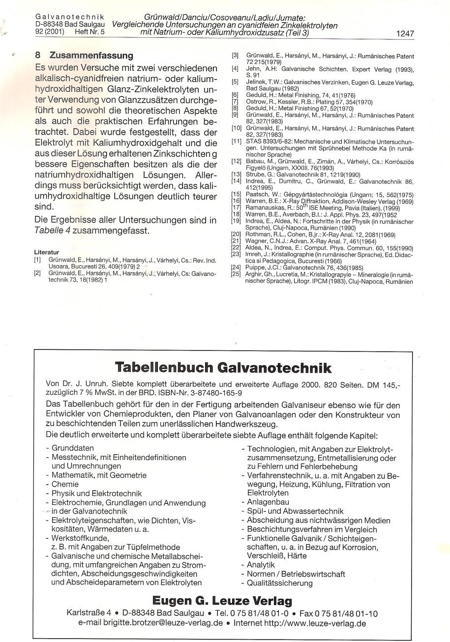 G a I van ate c h n i k GrOnwald/Danciu/Cosoveanu/Ladiu/Jumate: D-88348 Bad Saulgau Vergleichende Untersuchungen an cyanidfeien Zinkelektrolyten 92 (2001) Heft Nr.