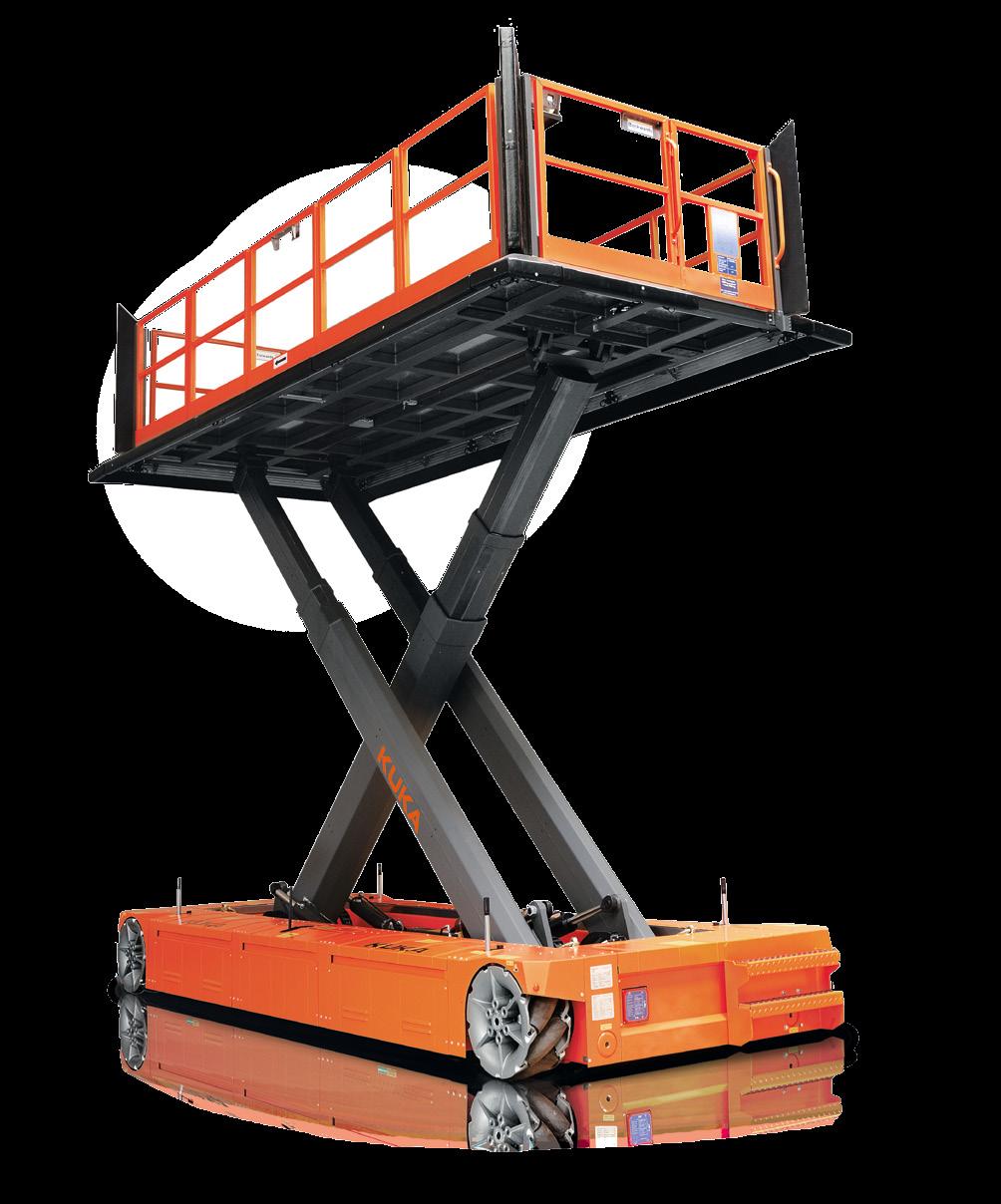 Der KUKA omnimove Triple Lift befördert die Werker sicher, komfortabel und präzise ans Montageziel. Dies ermöglicht hochflexibles Arbeiten, beispielsweise bei Bau und Wartung von Flugzeugen.