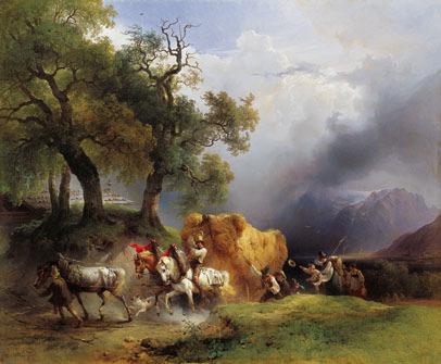 Bildbeschreibung «Der Erntewagen», 1837 FRIEDRICH GAUERMANN 1807 1862 Zum Erntewagen von Gauermann ist eine Beschreibung des Künstlers in dessen Einnahmebuch erhalten: «Ein Wagen mit Korn beladen,