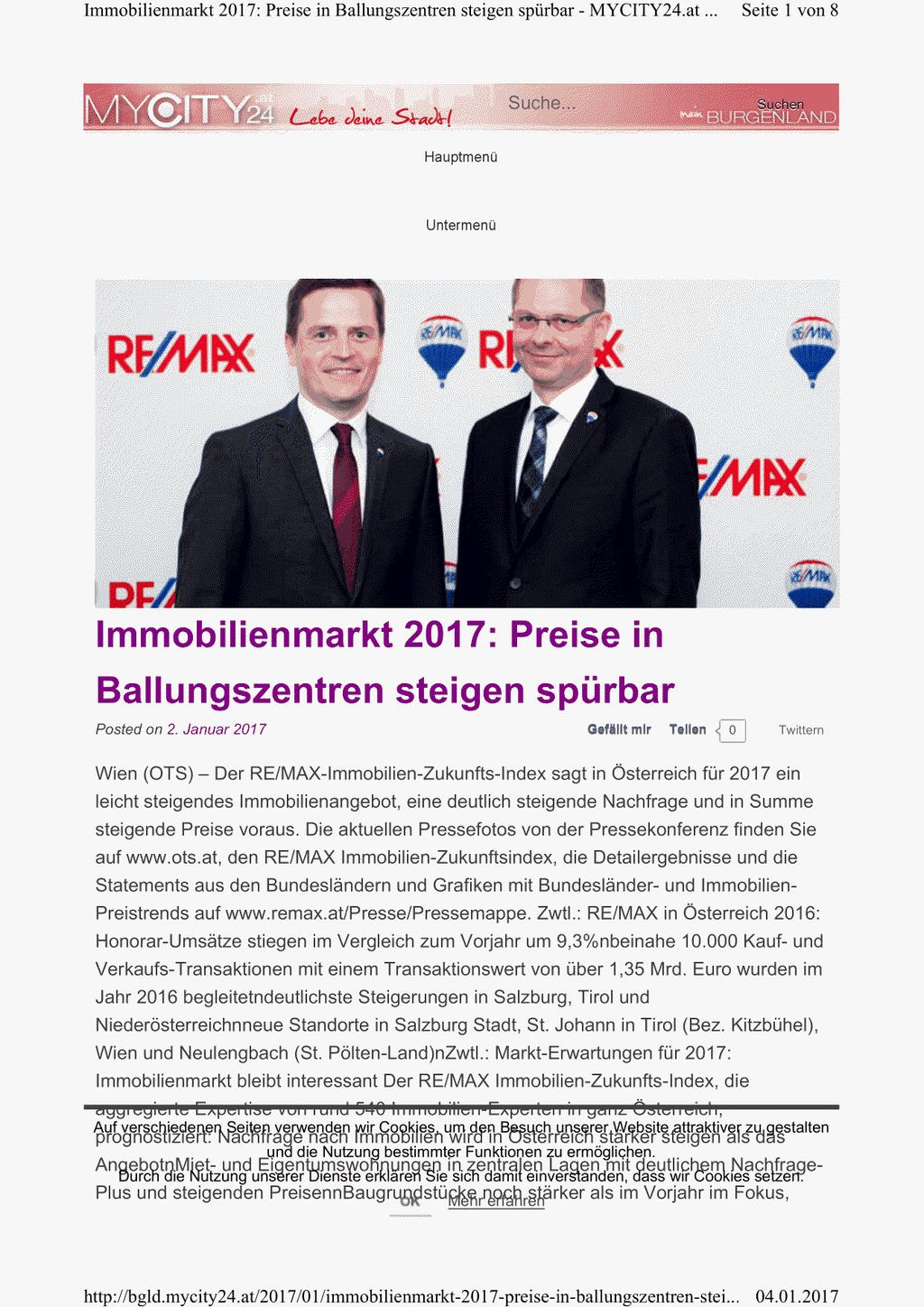 Immobilienmarkt 2017: Preise in Ballungszentren steigen spürbar - MYCITY24.at... Seite 1 von 8 http://bgld.rnycity24.at/2017/0 1 /immobilienmarkt-2017-preise-in-ballungszentren-stei... 04.01.2017 Hauptmenü Untermenü Immobilienmarkt 2017: Preise in Ballungszentren steigen spürbar Posted on 2.