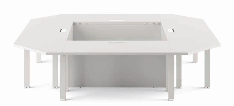 conference table: metal structure painted white, top and modesty panel top in melamine white.