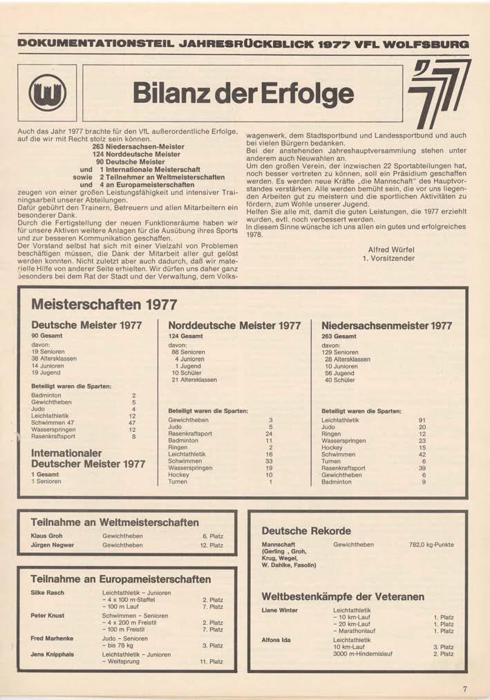 DOKUMENTATIONSTEIL JAHRESRÜCKBLICK 1977 VFL WOLFSBURG / 1 u 4111 1 / / 1 11 4 C/C 11 V IL ü41jci1 V14GI1111V11Ci Ll 141CJ V, auf die wir mit Recht stolz sein können 263 Niedersachsen-Meiste r 124