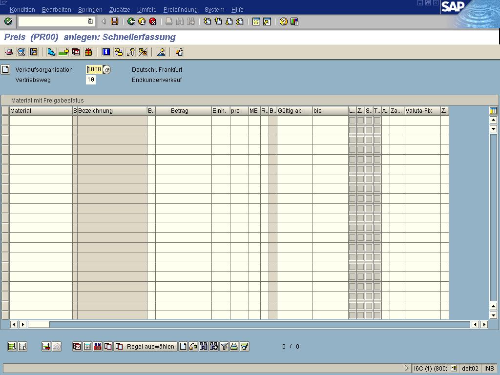 Übungen SAP ERP Modul SD 3.2 Konditionssätze anlegen 3.2.1 Definition von Materialpreisen Wählen Sie über das SAP-Menü folgende Funktion: Logistik Vertrieb Stammdaten Konditionen Selektion über Konditionsart Anlegen 1.