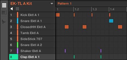 Beats erzeugen Feinabstimmung des ersten Patterns 4.1.1 Unser Pattern in der Software Zunächst schauen wir uns kurz den Pattern-Editor in der Software an: 1 2 4 3 Das Pattern im Pattern-Editor.