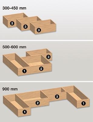 36 Holzboxen Sets «hoch» Extendo Zu Extendo Auszugstablar Die Sets enthalten die nebenstehend abgebildeten Kombinationen folgender Boxentypen: #1 - Box lang, hoch (446 x 150 x 87 mm) #2 - Box gross,