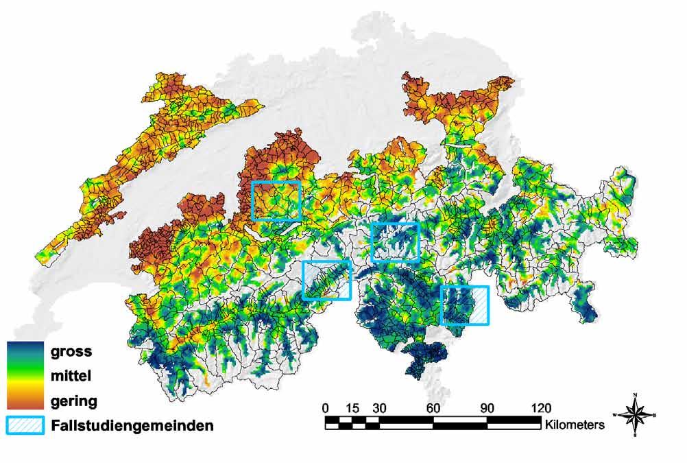 58 Abbildung 4 Muster der Waldflächenzunahme im Schweizer Berggebiet zwischen 1979 / 85 und 1992 / 97 gemäß Arealstatistik : Wahrscheinlichkeit für eine spontane Wiederbewaldung (hoch, mittel,