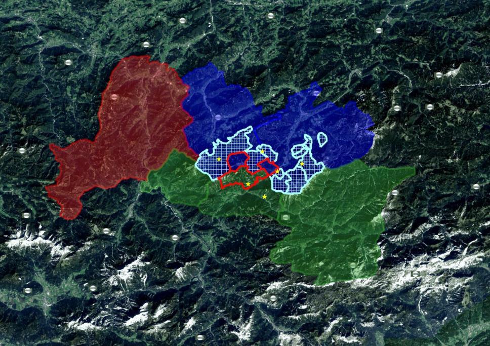 Abbildung 9: Jagdgebietsübersicht mit Fütterungsstandorten in der Umgebung (gelber Stern) und Jagdgebiete mit Kirrungen (hellblau Schraffiert) (Quelle NÖLJV Qgis Forst Mario Ensmann) In den meisten