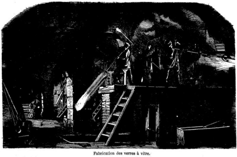 vorgeblasen, Glasmacher tragen die geblasenen Flaschen an den Hefteisen zum Abbrechen der Kappe und zum Feuerpolieren des Randes] Turgan,, Paris 1870,