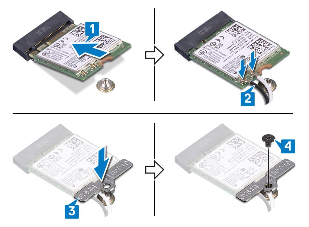 4 Bringen Sie die Schraube (M2x3) wieder an, mit der die Wireless- Kartenhalterung und die Wireless-Karte an der