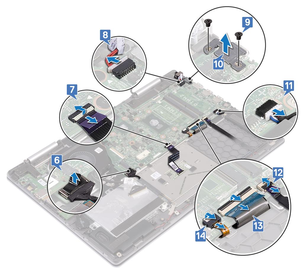 9 Entfernen Sie die zwei Schrauben (M2x3), mit denen die USB-Typ-C- Anschlusshalterung an der Systemplatine und der Handballenstützen-Baugruppe befestigt ist.