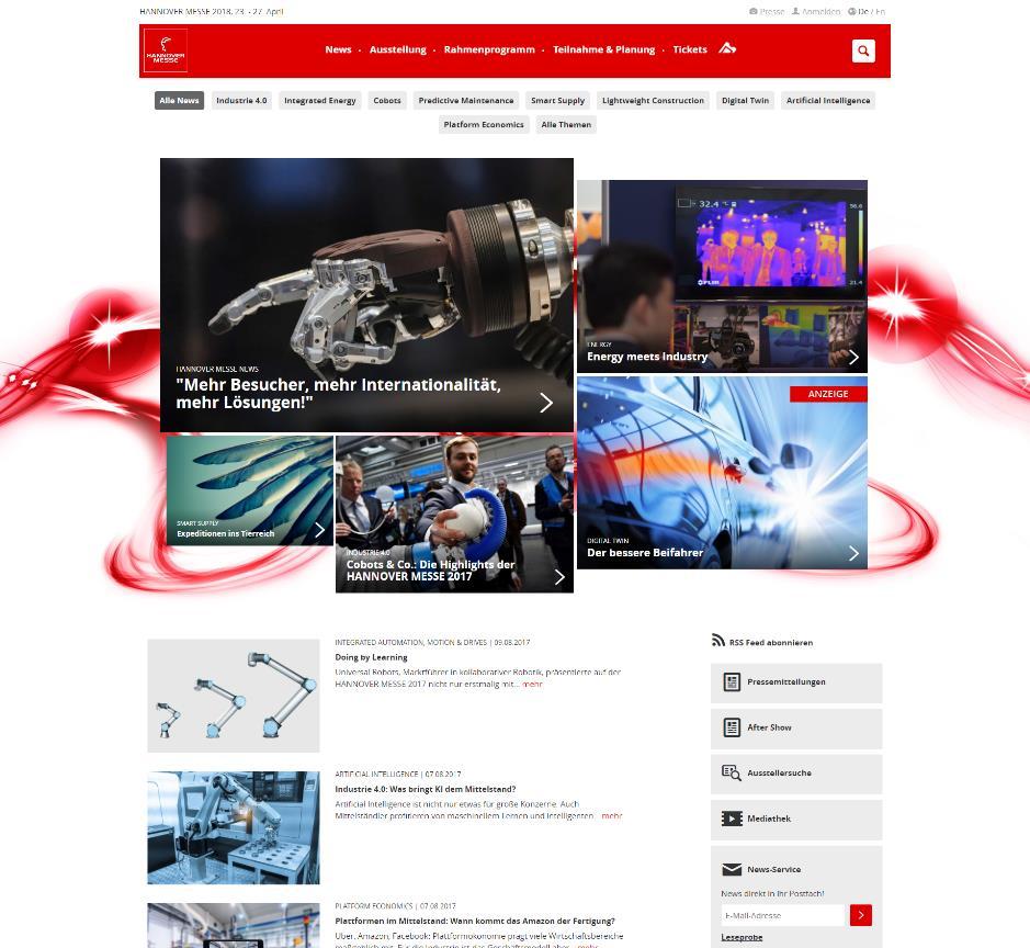 Mediadaten Onlinewerbung 6 Werbung auf der Website Top-Stage News Die Bühne der News-Übersichtsseite. stellt die wichtigsten Newsmeldungen prominent dar.