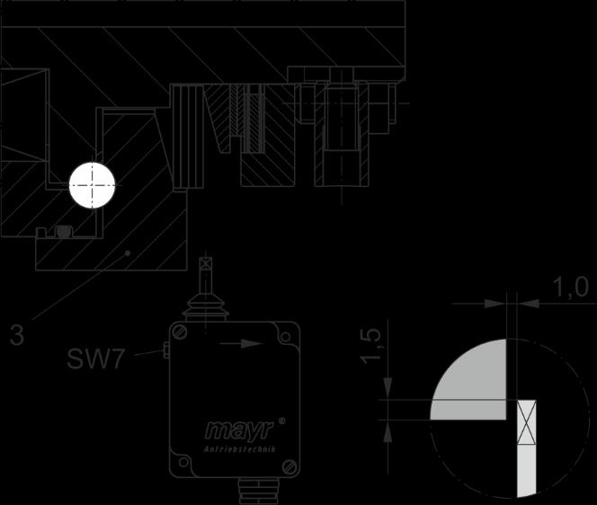 Montage des Endschalters Die Schaltrichtung des Schalthebels am mechanischen Endschalter ist mit einem Pfeil gekennzeichnet, rechts bei Blickrichtung auf Gehäusedeckel bzw. mayr -Signet (Bild 9).