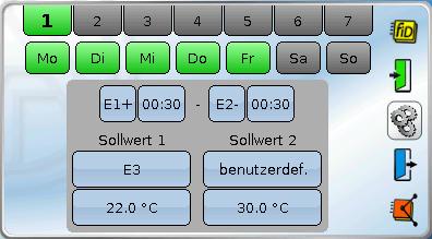 Schaltuhr Zeitprogramm 1 mit variablen Ein- und Ausschaltpunkten, abhängig vom Sonnenaufgang und Sonnenuntergang, mit Sollwerten Annahmen: Eingangsvariable E1 = Systemwert für Sonnenaufgang