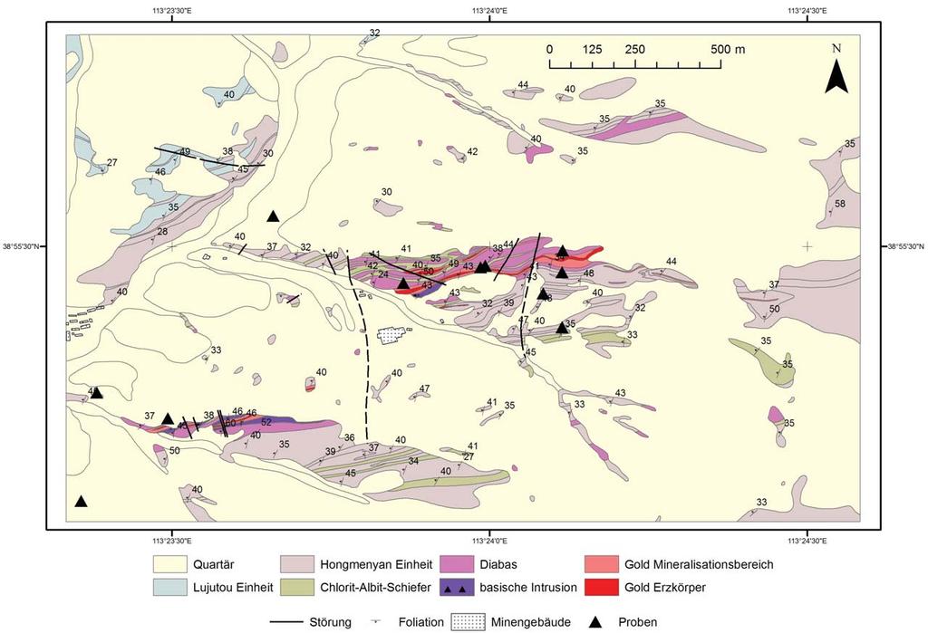 36 2 Regionale Geologie Abb. 2.7: Geologische Karte des Mineralisationsbereiches der Dongyao Goldmine