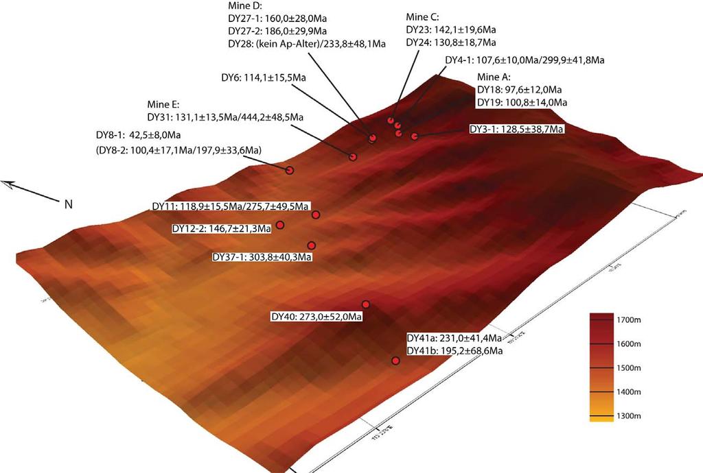 4 Ergebnisse der Spaltspurenanalyse 57 Abb. 4.2: Probenlokationen im Mineralisationsbereich der Dongyao Mine auf einer topographischen Karte auf Basis einer DEM Aufnahme.