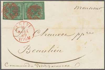 209. Corinphila Auktion 17. - 18. Juni 2016 Schweiz: Grand Prix International Sammlung "SEEBUB" 17 Beaulieu um 1845 6025 6025 Gr. Adler dunkelgrün, zwei farbfr.