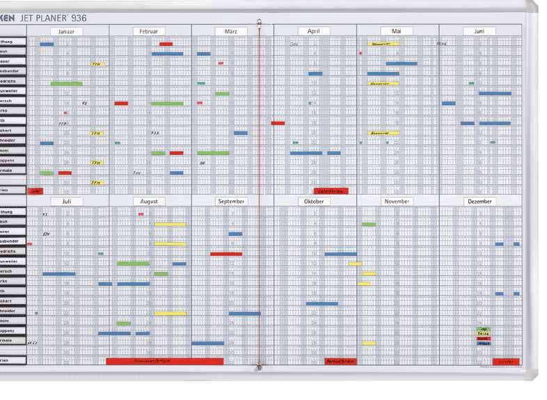 FRANKEN JetPlaner bieten Ihnen diese optimale Übersicht bei Personal- und Terminplanung, denn nur sie haben das geschützte Raster mit dem eingedruckten Kalendarium in jeder Zeile