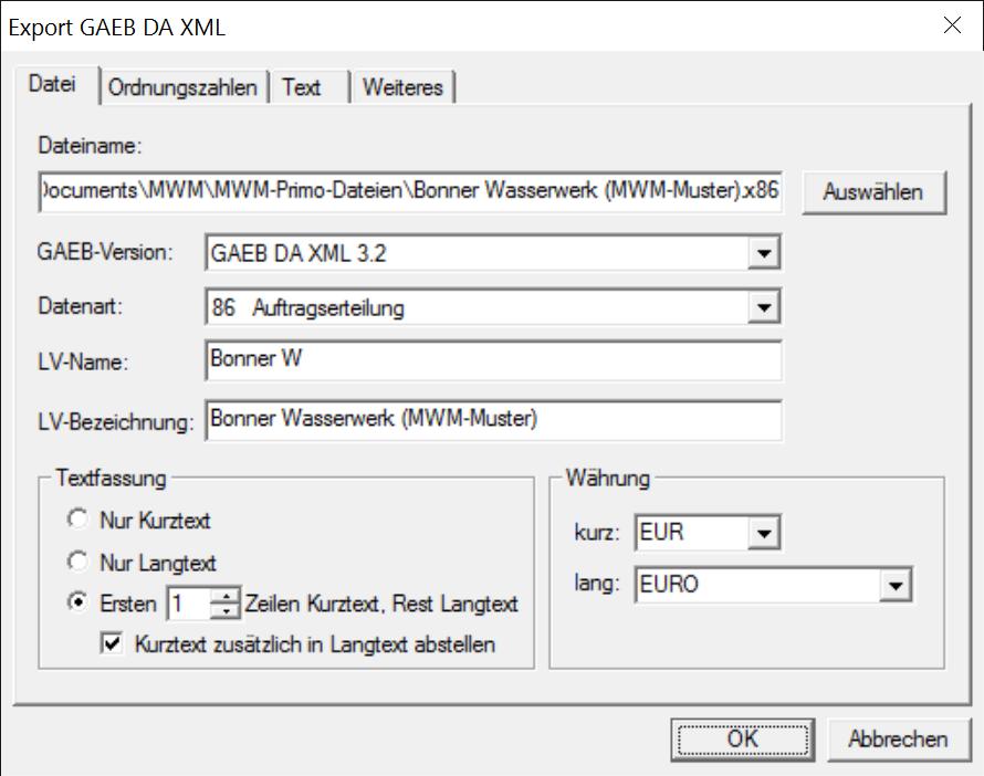 Bereich "Datei" GAEB DA XML Datei erstellen MWM-Primo schlägt einen Dateinamen für die GAEB-Datei vor.