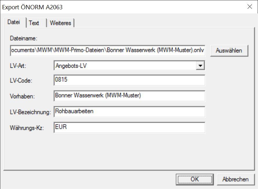 Bereich Datei ÖNORM Datei A 2063 erstellen MWM-Primo schlägt einen Dateinamen für die ÖNROM-Datei vor.