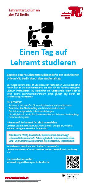 Einen Tag auf Lehramt studieren Kontakt: studienberatung@lehrkraeftebildung.tu-berlin.