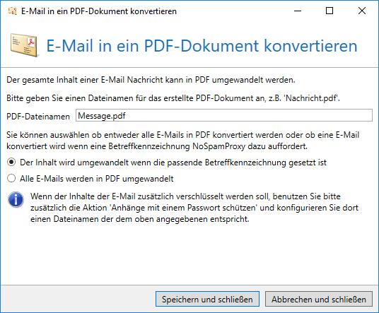 Konfiguration Bild 157: Die Optionen für die Konvertierung des E-Mail-Inhalts in ein PDF-Dokument.